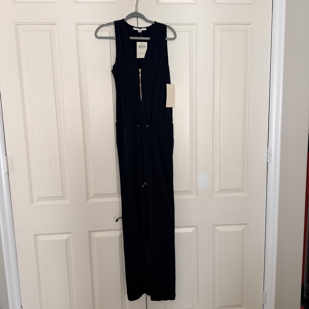 Boston Proper Jumpsuit Womens Small Black Zip Front V Neck Drawstring Waist NWT